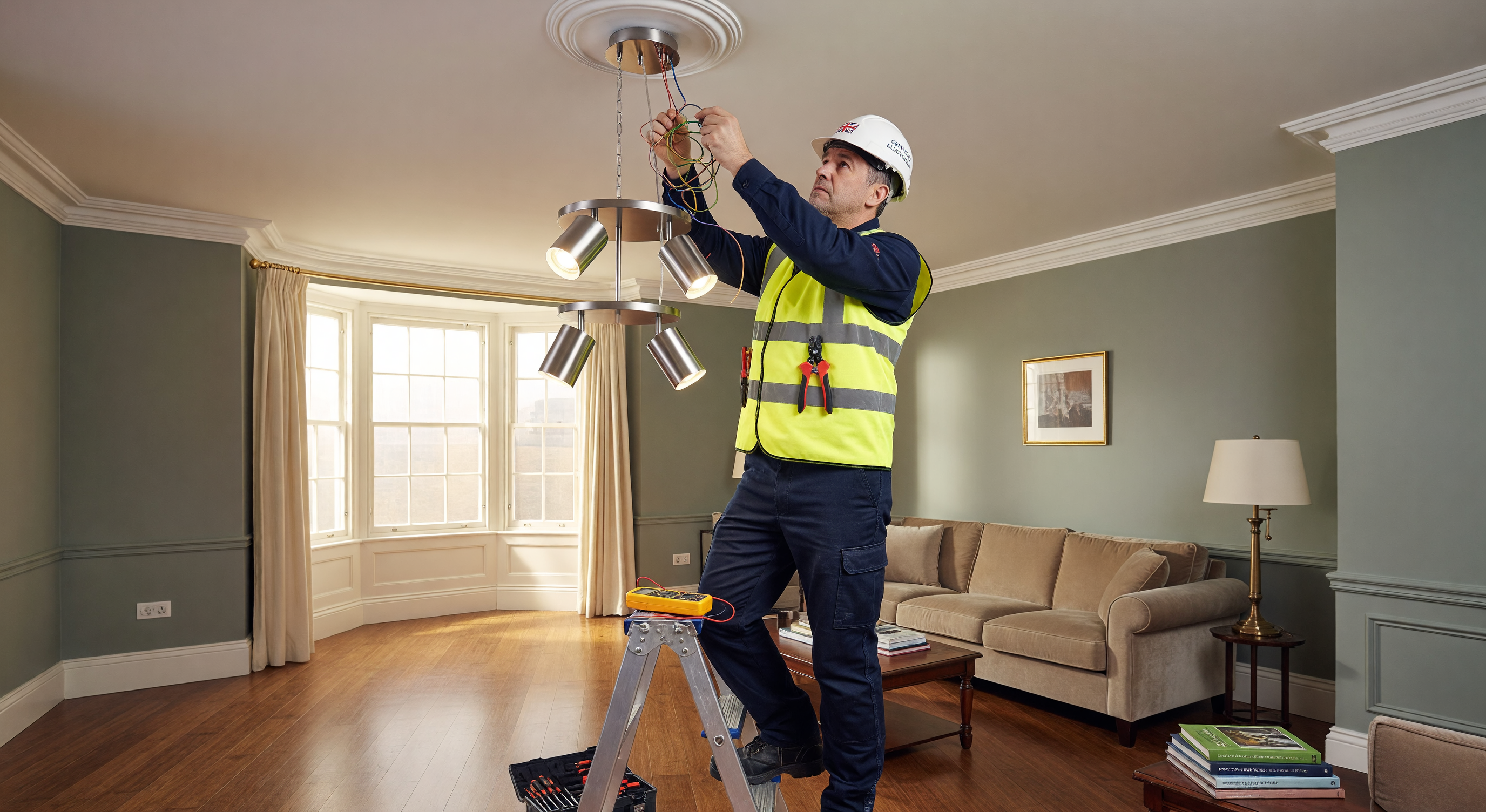 Electrician installing light fitting