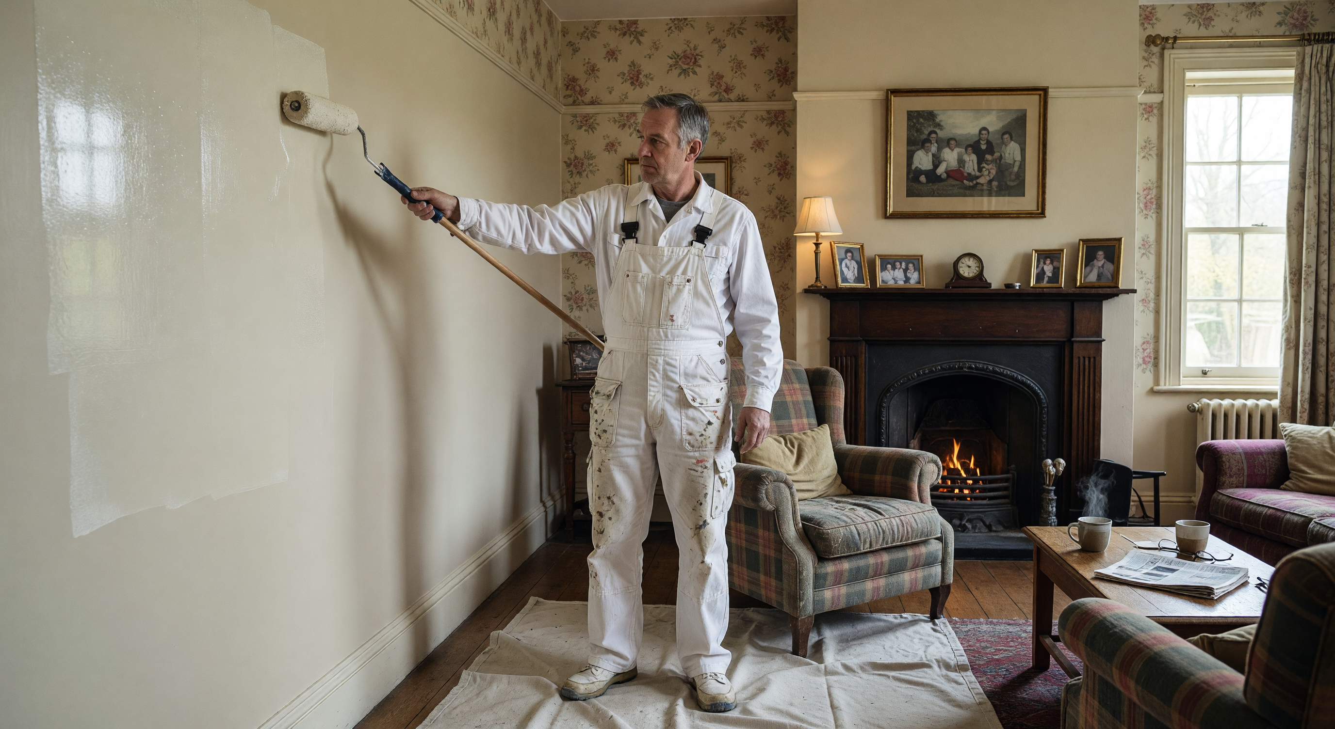 Professional painter decorating wall